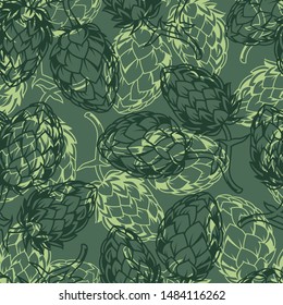 Vintage brewing seamless pattern with hop cones in green colors vector illustration