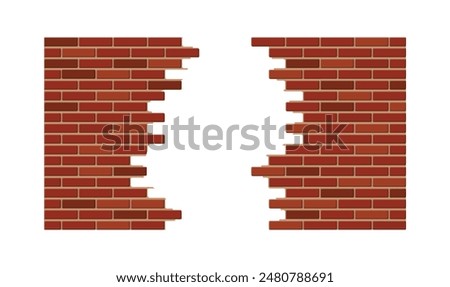 Vintage brick wall with hole. Broken construction and building element. Vector illustration in flat style