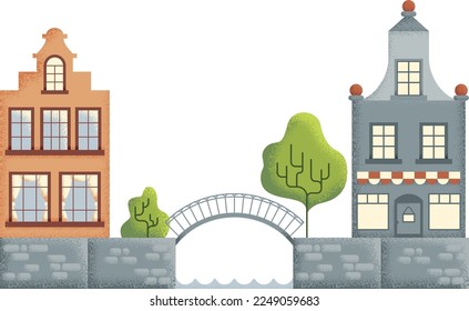 Vintage bridge between buildings. Textured urban street