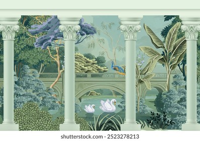 Vintage Bridge Over lakes and mountains. Vintage archway jungle illustrations.