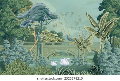 Vintage Bridge Over lakes and mountains. Vintage archway jungle illustrations.
