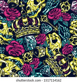 Vintage bright colorful tattoos seamless pattern with cat skull filigree medieval key skeleton hand holding rose royal crown diamond dice vector illustration