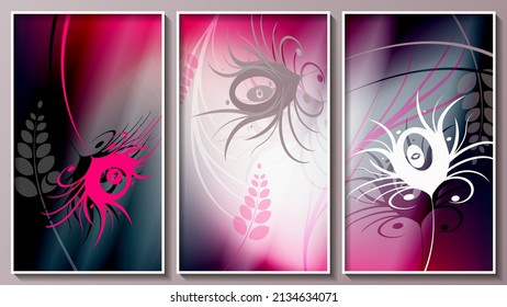 Vintage bright colorful triptych. Fantastic curved floral elements, smooth stripes and shapes against a background of pink, white, black colors. Three images in white thin frames. Vector.