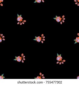 Vintage bright flower seamless pattern. Bright traditional illustration on black background for fabric design in watercolor style.