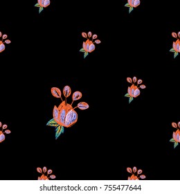 Vintage bright flower seamless pattern. Bright traditional illustration on black background for fabric design in watercolor style.