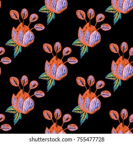 Vintage bright flower seamless pattern. Bright traditional illustration on black background for fabric design in watercolor style.
