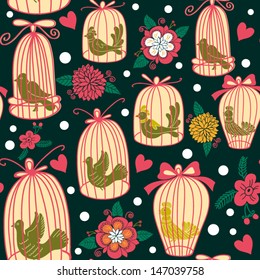 Vintage bright seamless texture with birds, cages and flowers. Seamless pattern can be used for wallpaper, pattern fills, web page background,surface textures. Gorgeous seamless floral background.