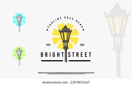  vintage bright street with lantern logo icon tamplate. retro street lamp hand drawn design illustration.