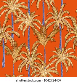 Vintage Bright sunset  and summer paln tree isalnd with colorful leaves seamless pattern vector on orange background for fashion and all pirints 