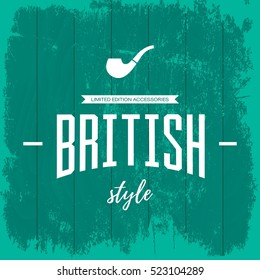 Vintage British Style Logo Concept Isolated On Blue Wooden Background. Web Infographic Smoking Pipe Accessories Pictogram. Premium Quality Threadbare Wood Texture Illustration Mockup.