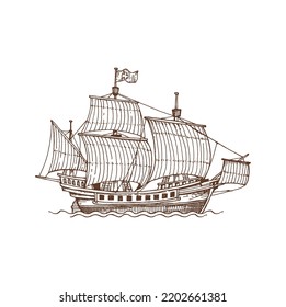 Vintage british warship brigantine sailboat ship on sea ocean waves sketch icon. Vector vintage brigantine old nautical vessel with canvas, sailing ship