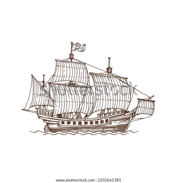 Vintage british warship brigantine sailboat\
ship on sea ocean waves sketch icon. Vector vintage brigantine old\
nautical vessel with canvas, sailing\
ship