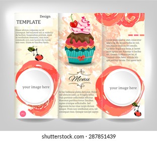 Vintage, brochure, flyer, template design with white, round, labels, watercolors shapes, text, cupcake with whipped cream and red cherry, gray background, retro design, grunge