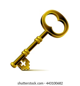 Vintage bronze key isolated on white photo-realistic vector illustration