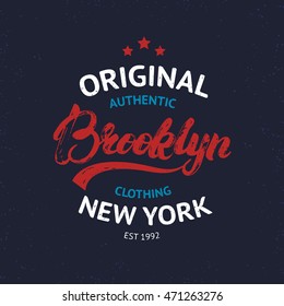 Vintage Brooklyn label. Quality tee print, badge. Brooklyn hand written lettering calligraphy. Vector illustration.