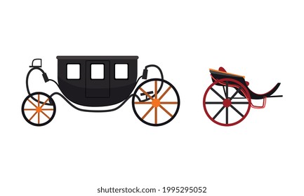Vintage Brougham Set, Old Carriage for People Transportation Flat Vector Illustration