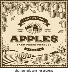 Vintage brown apples label. Editable vector illustration in retro woodcut style with clipping mask.