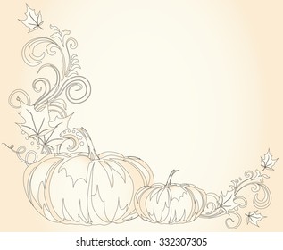 Vintage brown autumn frame with pumpkins and leaves and room for text. Thanksgiving greeting card template.