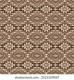 Patrón geométrico de kilim azteca marrón de Antiguas. Patrón sin fisuras de forma geométrica del suroeste azteca de Vector. Uso de patrones geométricos étnicos para tela, textiles, Elementos de decoración del hogar, tapicería, etc.