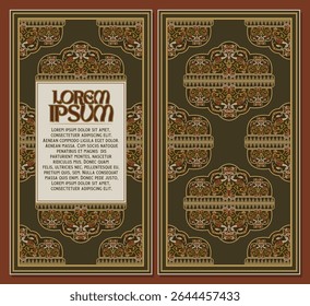 Vintage brown batik floral frame with bird pattern, perfect for labels, book covers, invitations, or backgrounds. Rich traditional style with symmetrical medieval design for elegant compositions.