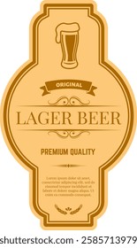 Vintage brown and beige lager beer label featuring overflowing glass, original ribbon, premium quality claim and decorative wheat for brewery or alcohol industry