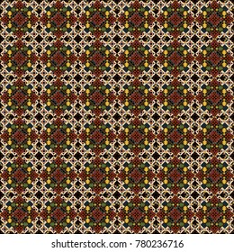 Vintage brown, black and yellow backgrounds with geometric and simple floral elements. Vector illustration. Retro seamless wallpaper pattern.