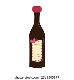 Vintage brown bottle of wine decorated with hearts as a symbol of eternal love isolated on white background. Hand drawn vector illustration in flat style. Happy Valentines day, date, couple, wedding