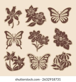 Vintage brown butterflies and flowers collection. Vector vintage classic illustration.