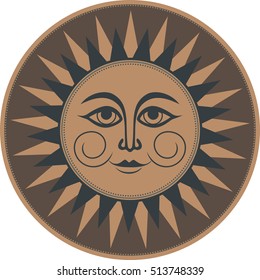 Vintage brown ethnic ornament mural occult smiling sun.