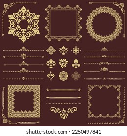 Vintage brown and golden set of vector horizontal, square and round elements. Elements for backgrounds and frames. Classic patterns. Set of vintage patterns
