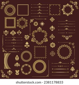 Vintage brown and golden set of vector horizontal, square and round elements. Elements for backgrounds and frames. Classic patterns. Set of vintage patterns