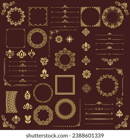 Vintage brown and golden set of vector horizontal, square and round elements. Elements for backgrounds and frames. Classic patterns. Set of vintage patterns