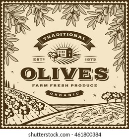 Vintage brown olives label. Editable vector illustration in retro woodcut style with clipping mask.