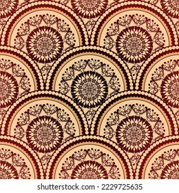 Vintage braunes, nahtloses Muster mit Kreisen mit Mandala, Vektorgrafik