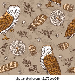 Vintage brown seamless pattern with owls, feathers and dandelions. Engraving style. Vector illustration.