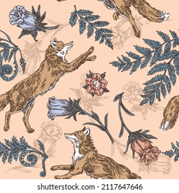 Vintage brown seamless pattern.  Running foxes, fern and bell flowers. Engraving style. Color. Vector illustration.