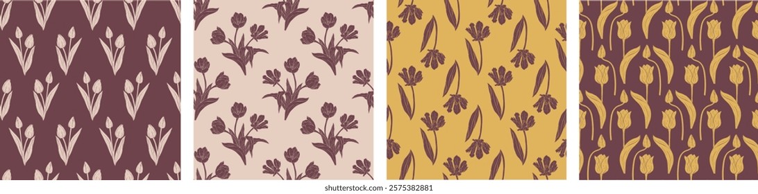 Vintage brown seamless patterns set with tulips flowers. Hand drawn floral background. Spring flowers silhuette wallpaper bundle