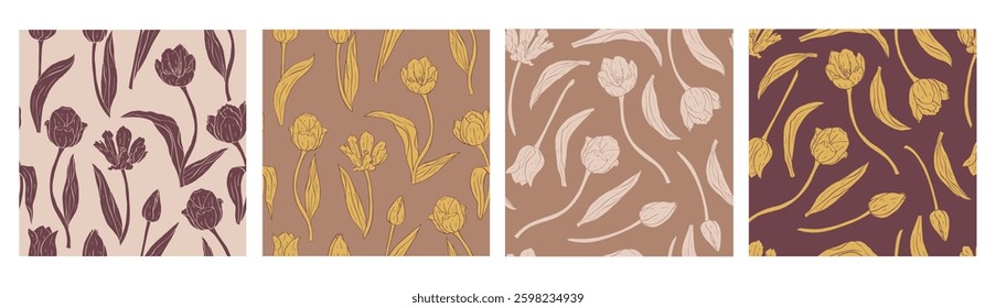 Vintage brown seamless patterns set with tulips flowers. Hand drawn floral background. Spring flowers silhuette wallpaper bundle