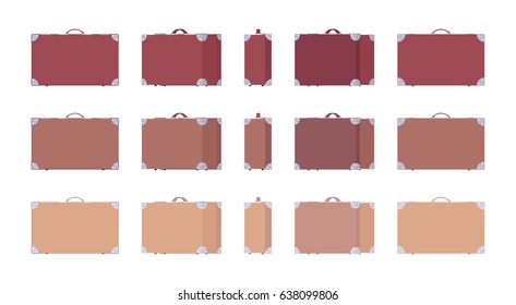 Vintage brown suitcase set with metal corners, large antique home decor and travelling steampunk accessory. Vector flat style cartoon illustration, isolated on white background, different positions