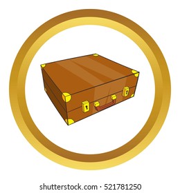 Vintage brown suitcase vector icon in golden circle, cartoon style isolated on white background