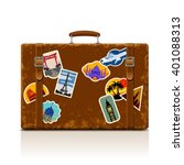 Vintage brown threadbare suitcase with collection of retro grunge vacation & travel labels. Vector illustration. EPS 10