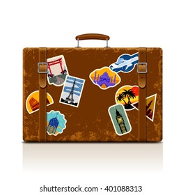 Vintage brown threadbare suitcase with collection of retro grunge vacation & travel labels. Vector illustration. EPS 10