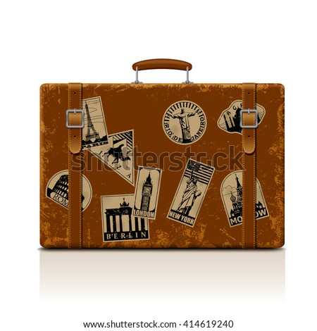 Vintage brown threadbare suitcase with collection of retro grunge vacation & travel labels. Vector illustration. EPS 10
