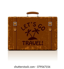 Vintage brown threadbare suitcase with straps and buckles isolated on white. Let's go  symbol and metaphor. Vector illustration. EPS 8