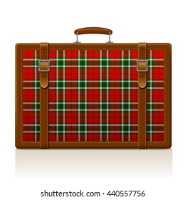 Vintage brown threadbare suitcase with tartan ornament isolated on white. Voyage and traveling symbol and metaphor. Vector illustration. EPS 10