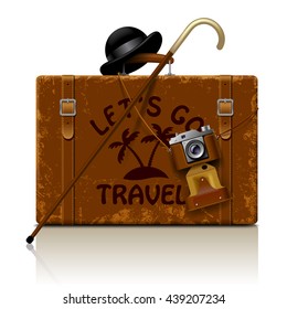 Vintage brown threadbare suitcase with walking stick, bowler hat and retro photo camera isolated on white. Let's go travel symbol and metaphor. Vector illustration