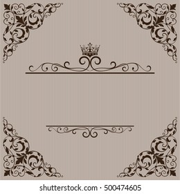 Vintage brown title page vector template with floral ornament and crown.