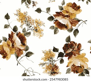 Patrón de manojo de flores de acuarela marrón vintage aislado sobre fondo blanco. flor botánica dibujada a mano y hojas tropicales. diseño para Fondo de pantalla, tela, impresiones de moda, papel de regalo.