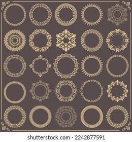 Vintage brown and yellow set of vector round elements. Different elements for design frames, cards, menus, backgrounds and monograms. Classic patterns. Set of vintage patterns