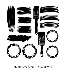 Vintage brush and paint set icon with circle frame and grunge design